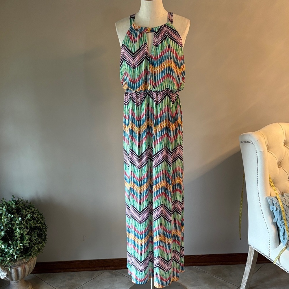 Multicolor Chevron Maxi halter summer Dress  blouson very stretchy L